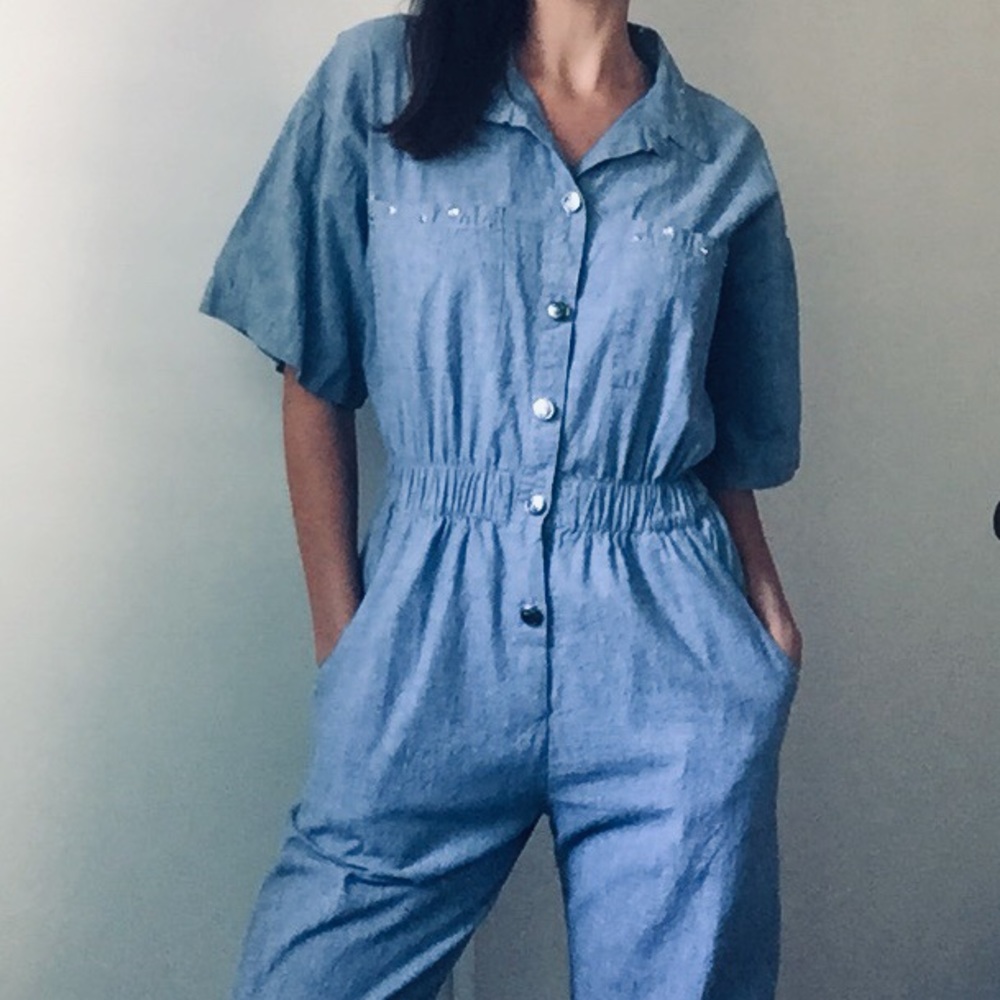 Vintage 70s Chambray Denim Jumpsuit Romper flight suit